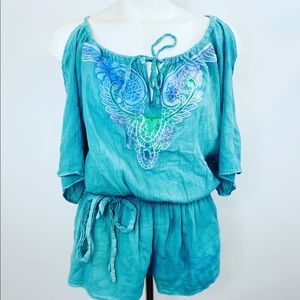 Guess Los Angeles XS Tie Die Lace Teal Romper